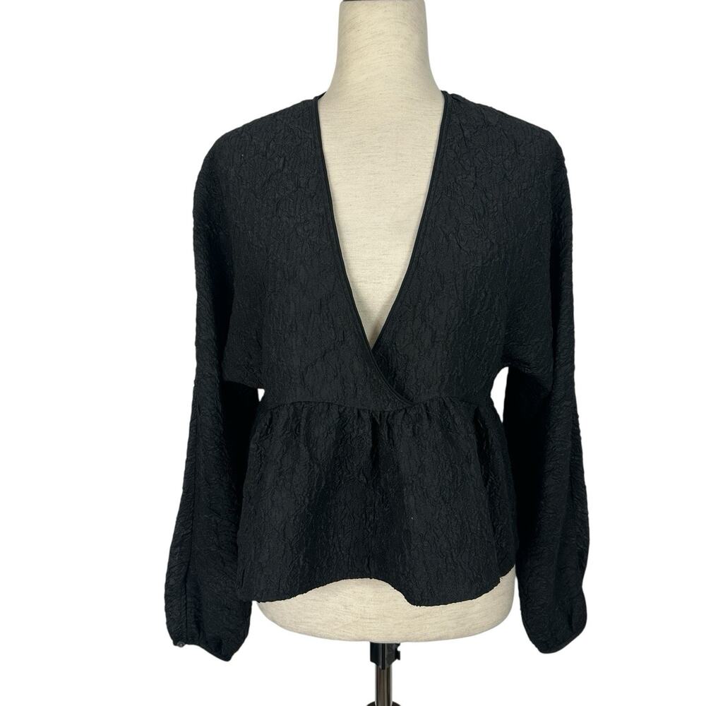Wilfred Black Textured Top Women Small Peplum Blouse Jacquard Deep V Neck
